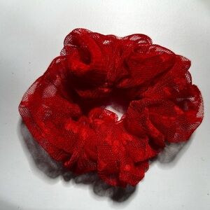 Red Tule Fabric Hand-Sewn Scrunchie with Heart Pattern